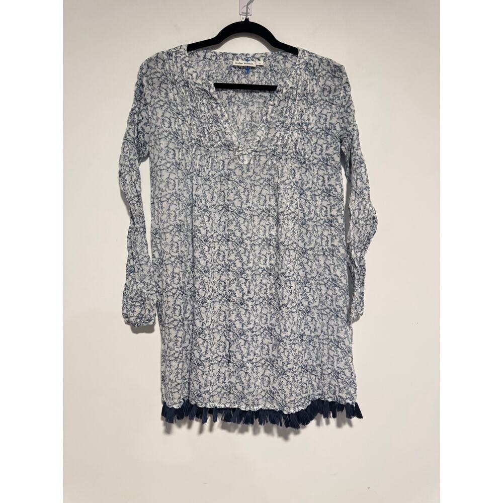 Roller Rabbit XS Blue‎ White Tassel Hem Tunic 100% Cotton India Boho Beach